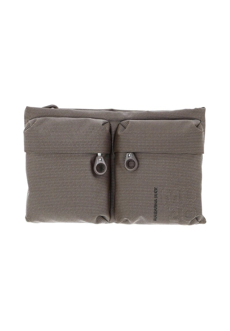 Brown textile pouch with two zippered compartments, featuring a textured surface and small dot pattern. Rectangular shape with rounded edges.