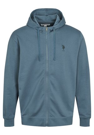 Niebieska bluza z kapturem na zamek błyskawiczny, ze ściągaczami i małym czarnym logo gracza polo USPA na lewej piersi.
