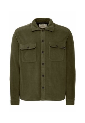 Olive green fleece shirt jacket with a collar, two chest pockets, and front button closure. Soft texture and relaxed fit.
