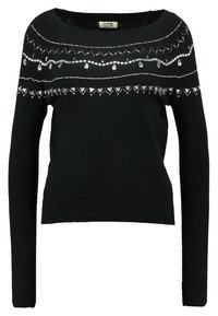 Pull en tricot noir avec un large décolleté et des manches longues, orné de lignes verticales de décorations argentées et d'un ourlet côtelé.