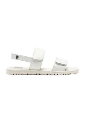 Infradito bianche con due chiusure a strappo regolabili, suola piatta con battistrada testurizzato e materiale sintetico liscio. Design semplice e minimalista.