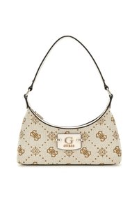 Hobo bag made of beige canvas with brown logo pattern, featuring a black shoulder strap and a silver-tone logo plaque on the front.