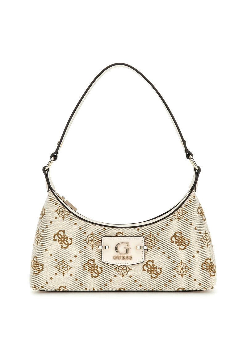 Hobo bag made of beige canvas with brown logo pattern, featuring a black shoulder strap and a silver-tone logo plaque on the front.