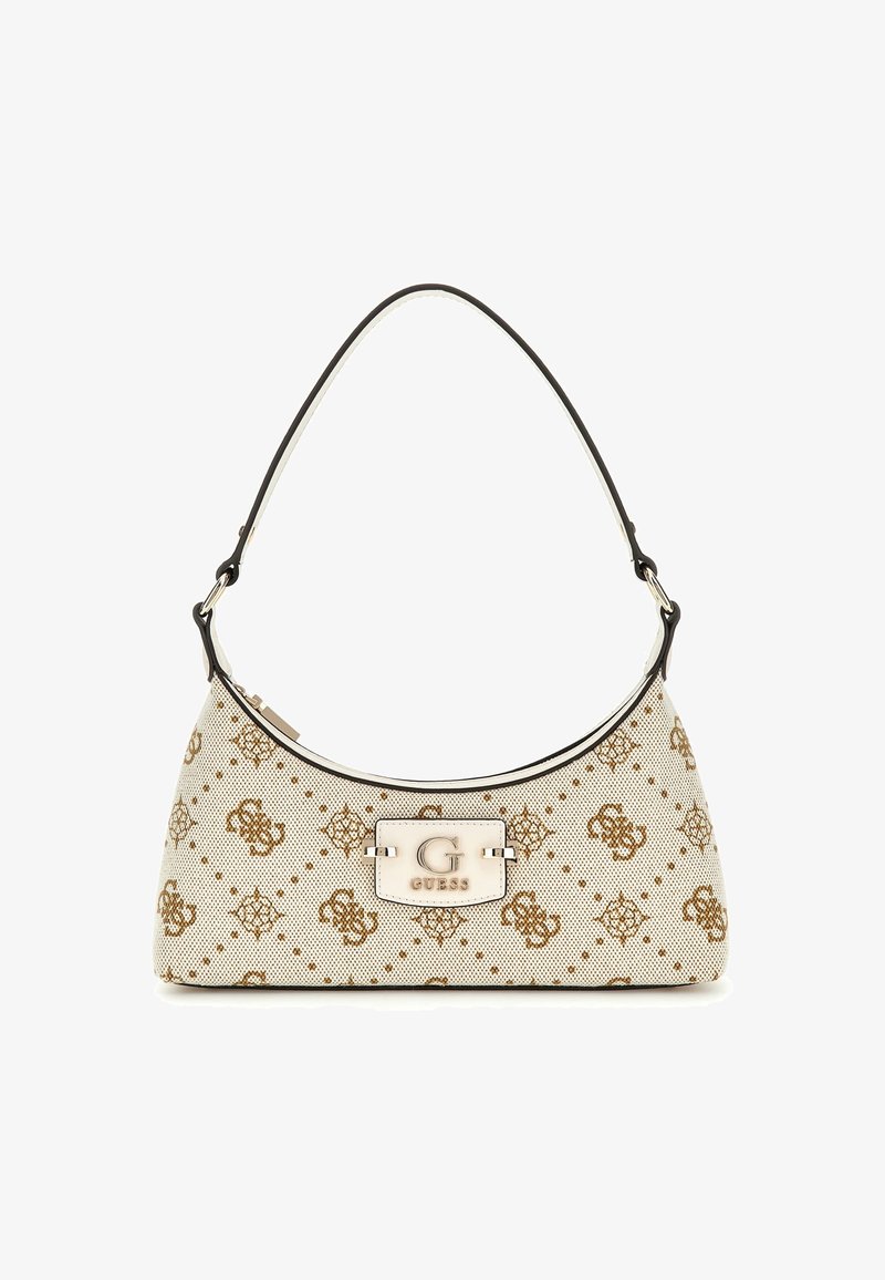 Beige vászonból készült hobo táska barna logómintázattal, fekete vállpánttal és ezüstszínű logó táblával az elején.