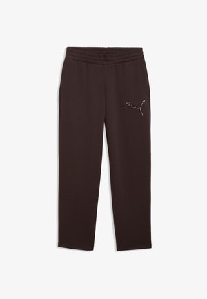 Czarne, casual spodnie dresowe marki Puma z elastycznym pasem i naszytym logo na lewym udzie, pokazane rozłożone na białym tle.