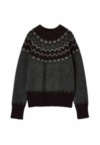 Dunkelgrauer gestrickter Pullover mit rundem Ausschnitt, ausgestattet mit einem gemusterten Schulterausschnitt in Schwarz und Hellgrau. Rippbündchen und Saum mit Zickzackakzenten.