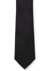 Black tie with a textured diagonal pattern, narrow shape, and pointed tip. Made from a smooth fabric, suitable for formal occasions.