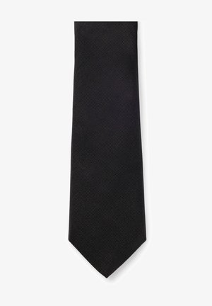 Black tie with a textured diagonal pattern, narrow shape, and pointed tip. Made from a smooth fabric, suitable for formal occasions.