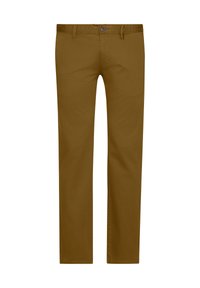 Brown cotton chinos with a straight leg fit, button closure, and belt loops. Smooth texture and minimal stitching detail.