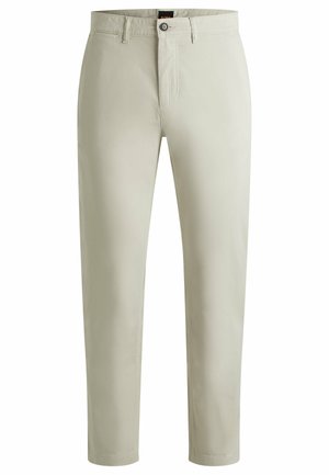 Beige cotton trousers with a straight-leg design, featuring a button closure, zipper fly, five-pocket styling, and subtle sheen.