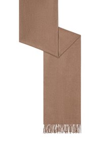 Light brown wool scarf with fringed ends, folded diagonally on a white background.