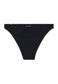 Czarne majtki bikini z paskowanym wzorem, cechujące się niskim stanem i małym logiem z przodu. Wykonane z elastycznego materiału do kąpieli.