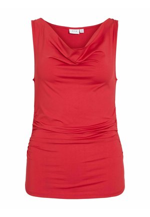 Rode dames top zonder mouwen met gedrapeerde halslijn en geplooide zijkanten, gemaakt van glad rekbaar stof.