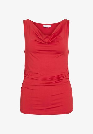 Top rojo sin mangas para mujer con escote drapeado y lados fruncidos, confeccionado en tela suave y elástica.