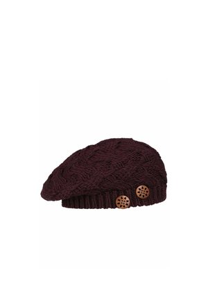 Dark burgundy knitted beret with cable pattern and two decorative wooden buttons on the ribbed edge.