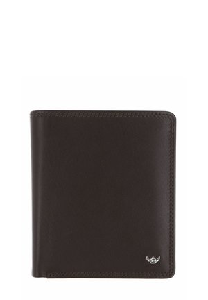 Dark brown leather bifold wallet with stitched edges and a small silver logo in the lower right corner on a white background.