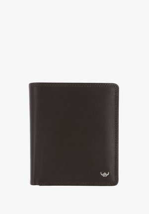 Dark brown leather bifold wallet with stitched edges and a small silver logo in the lower right corner on a white background.