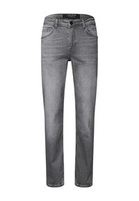 Jeans de mezclilla gris con corte regular. Cuentan con cinco bolsillos, un cierre frontal de botón y costuras contrastantes a lo largo de las costuras.