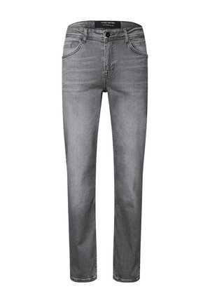 Jeans in denim grigio con una vestibilità regolare. Presentano cinque tasche, una chiusura frontale con bottone e cuciture a contrasto lungo le cuciture.