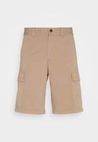 Pantaloni cargo beige realizzati in tessuto misto cotone, con due tasche laterali, una chiusura frontale con bottone e dettagli cuciti.