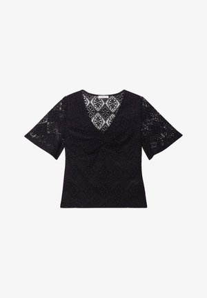 Black lace top with short, wide sleeves. Features a v-neck, textured pattern with diamonds, and gathered detailing at the bust.
