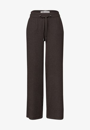 Dunkelbraune, weit geschnittene Hose mit elastischem Bund und Kordelzug, Vorderstaschen und lässigem, strukturiertem Stoff.