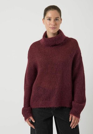 Moteris su surištais atgal plaukais, dėvinti laisvą, pūkuotą tamsiai raudoną golfą ir juodas kelnes, stovinti priešais paprastą baltą foną.