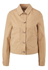 Beżowa kurtka zapinana na guziki z długimi rękawami, dwoma przednimi kieszeniami na zamek i klasycznym kołnierzykiem.