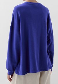 Paarse oversized sweatshirt met lange mouwen en geribbelde halslijn, met een zachte textuur en een rechte zoom. Minimalistisch ontwerp zonder details.