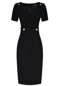 Czarna dopasowana sukienka z krótkimi rękawami, dekoltem w kształcie litery V oraz złotymi guzikami na ramionach i w talii, wykonana z gładkiego materiału.