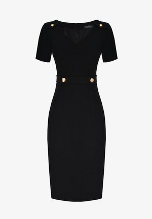 Czarna dopasowana sukienka z krótkimi rękawami, dekoltem w kształcie litery V oraz złotymi guzikami na ramionach i w talii, wykonana z gładkiego materiału.