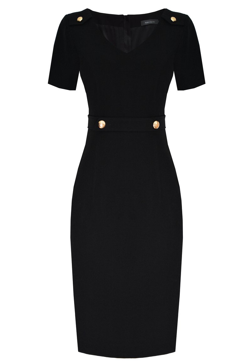 Czarna dopasowana sukienka z krótkimi rękawami, dekoltem w kształcie litery V oraz złotymi guzikami na ramionach i w talii, wykonana z gładkiego materiału.