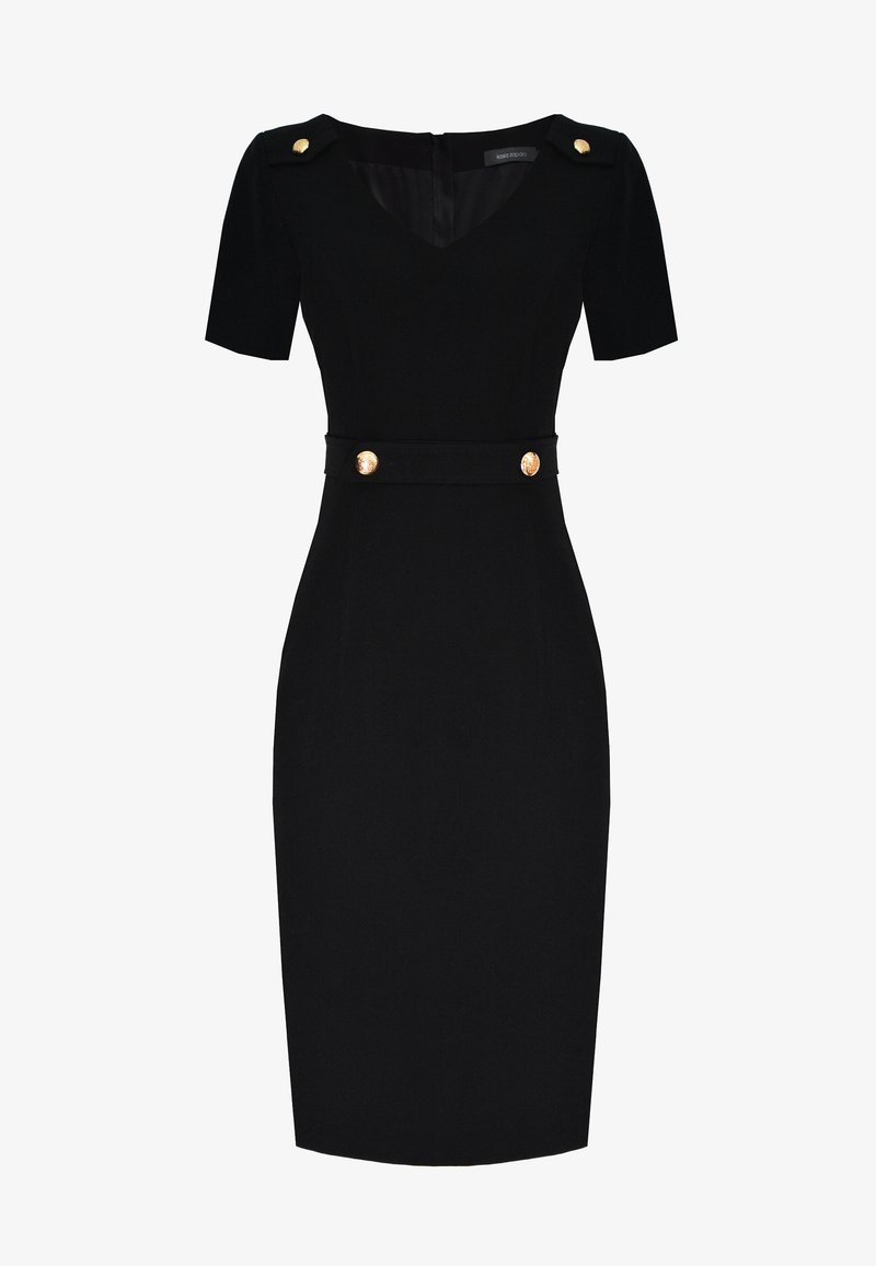 Czarna dopasowana sukienka z krótkimi rękawami, dekoltem w kształcie litery V oraz złotymi guzikami na ramionach i w talii, wykonana z gładkiego materiału.