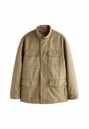 Khaki-Jacke mit Stehkragen, vier Taschen und geradem Schnitt. Hergestellt aus einem glatten, strapazierfähigen Stoff mit matter Oberfläche.