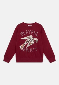 Felpa bordeaux con scollo rotondo. Presenta un design di un uccello ricamato e il testo "SPIRITO GIOVIALE" in colori contrastanti. Tessuto misto cotone.