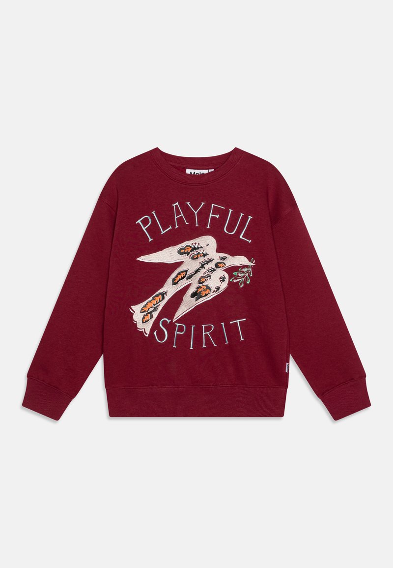 Maroon sweatshirt with a crew neckline. Features an embroidered bird design and text "PLAYFUL SPIRIT" in contrasting colors. Cotton blend fabric.