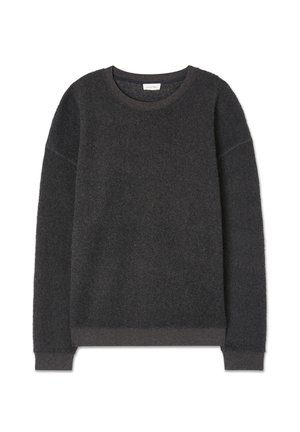 Sweatshirt gris foncé en tissu doux, à col rond, avec des poignets côtelés et une coupe décontractée, sans motifs ni accents.