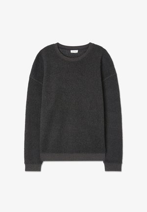 Tumehall sweatshirt pehmest kangast, ümar põhipael, soonikkoes varrukad ja vabalt langetatud lõige, ilma mustrite või lisadeta.