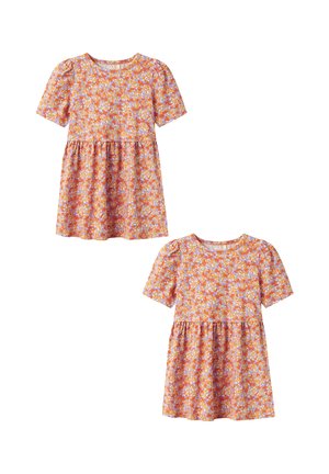 Short-sleeve dress in orange and purple floral pattern, fitted bodice, and gathered skirt. Made from lightweight fabric with a round neckline.