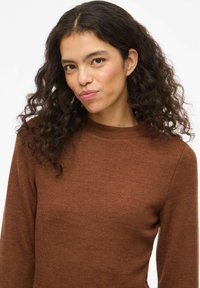 Maglia marrone a maniche lunghe con coste, collo alto, design aderente e tessuto morbido. Nessun motivo visibile o dettagli aggiuntivi.