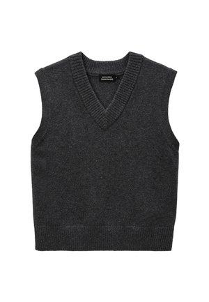 Gilet sans manches gris foncé, design en V avec un col et un ourlet côtelés, fabriqué à partir d'un mélange de laine douce. Style minimaliste.