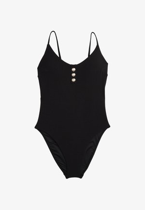 Costume da bagno intero nero con spalline regolabili a spaghetto, scollatura a V, tre bottoni decorativi sul davanti e un corpo dalla texture liscia.