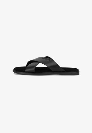 Black leather slide sandal with two crisscross straps, flat sole, and a soft textured insole. No visible branding or embellishments.