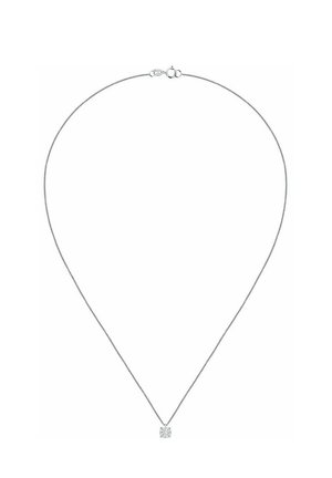 Silberne Ketten necklace mit einem zarten, kubischen Anhänger, der einen klaren Edelstein enthält. Schlankes Design, glatte Textur und minimalistische Ästhetik.