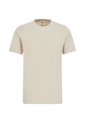 Bēšas krāsas īsroku T-krekls ar apaļu kakla izgriezumu, vidēja izmēra, vienkārša dizaina bez redzamiem rakstiem vai logotipiem.