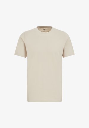 Beež lühikeste varrukatega ümara kaelusega T-särk keskmises suuruses, lihtsa disainiga, nähtavate mustrite või logodeta.