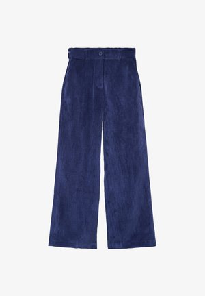 Pantaloni a gamba larga in corduroy blu navy scuro con un motivo a righe verticali testurizzate, chiusura con un bottone singolo e passanti per cintura.