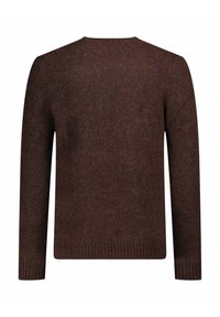 Maglione marrone con scollo rotondo, maniche lunghe, polsini e orlo a coste, finitura testurizzata e design semplice e sobrio.