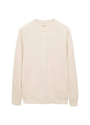 Beige crewneck sweatshirt, long sleeves, ribbed cuffs and hem, made of soft fabric, featuring a simple design with no visible patterns or accents.