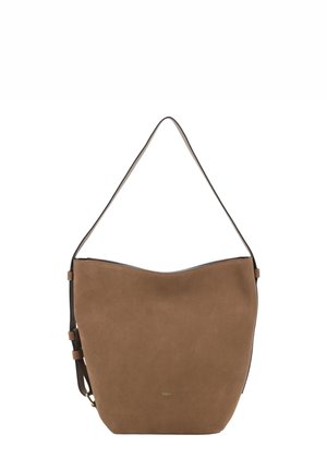 Brown suede bucket bag with a black leather strap. Features smooth texture, rounded shape, and minimalistic design. Subtle logo detail.